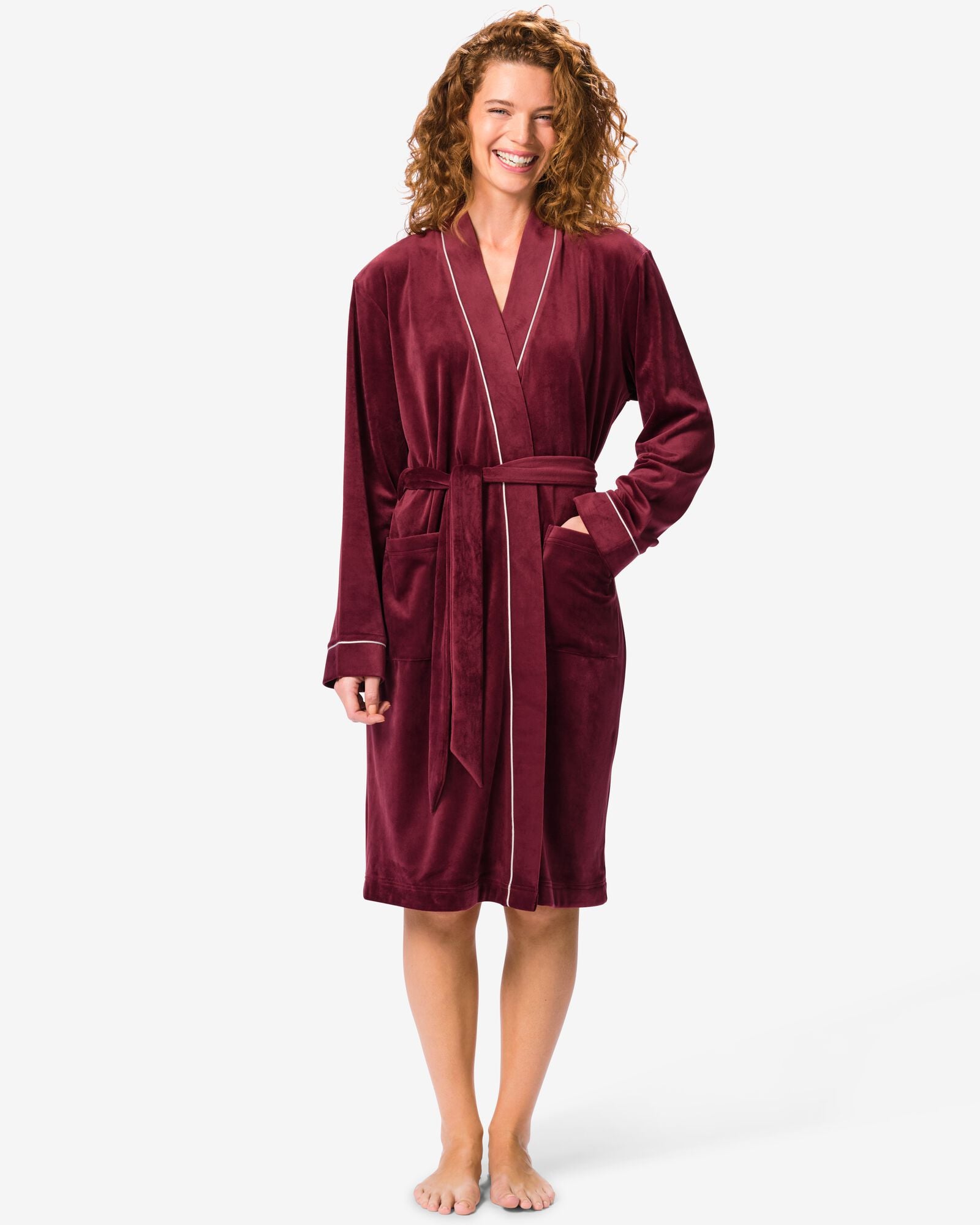 damesbadjas velours donkerrood donkerrood - 23400485DARKRED - HEMA
