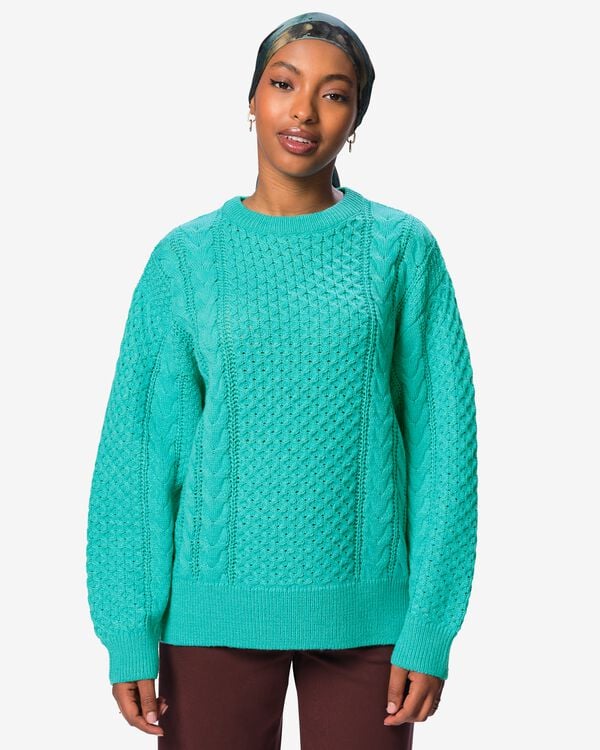 Damenpullover Zelda, Zopfmuster, Grobstrick, Acryl t&uuml;rkis t&uuml;rkis - 36214560TURQUOISE - HEMA
