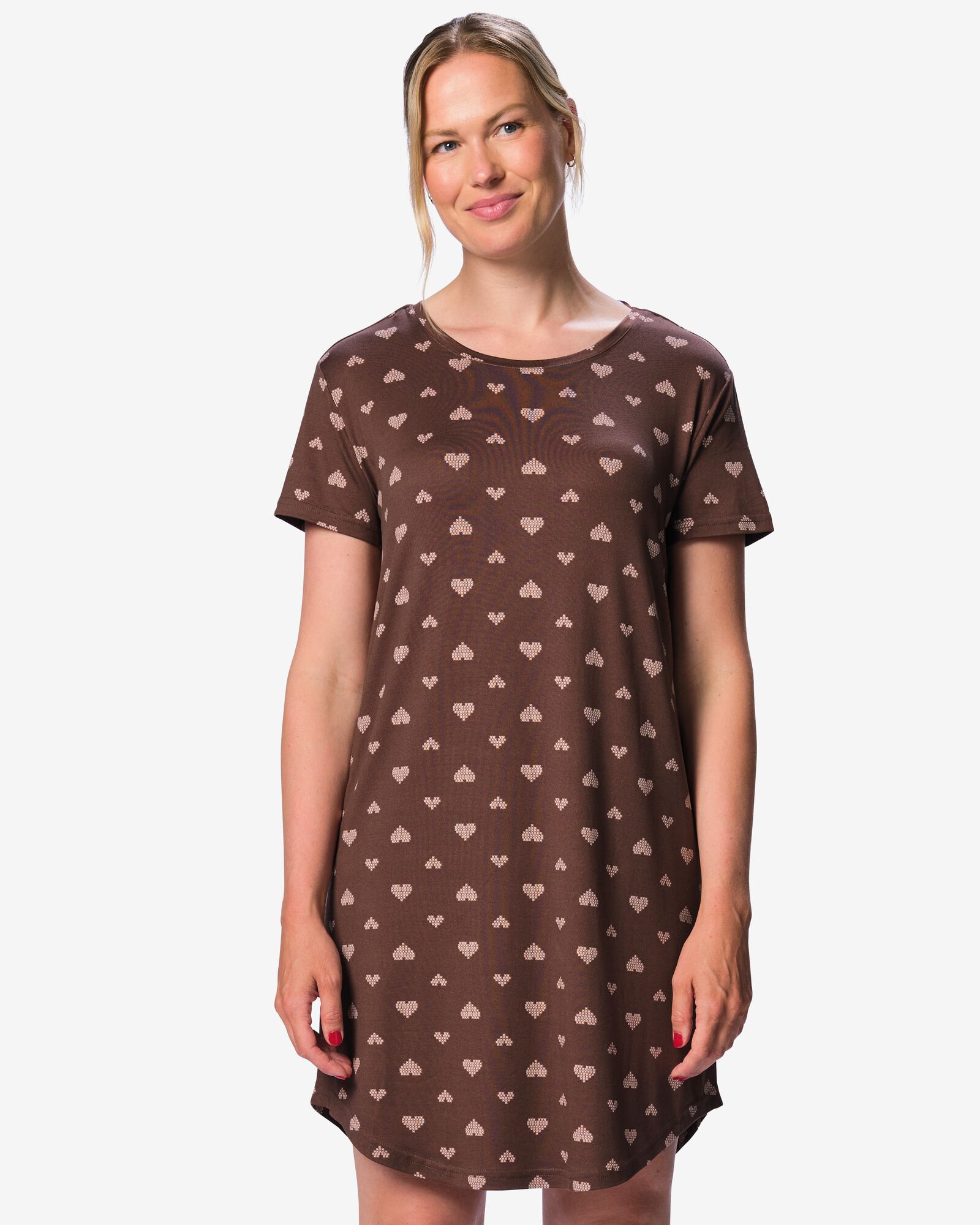damesnachthemd brushed micro hartjes bruin bruin - 23401964BROWN - HEMA