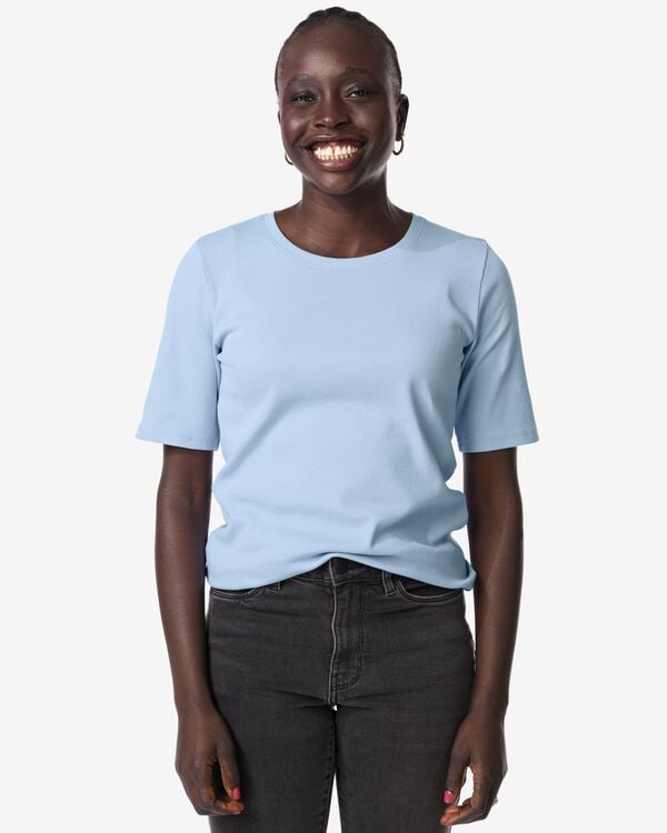 dames T-shirt regular fit rib blauw blauw - 36370085BLUE - HEMA