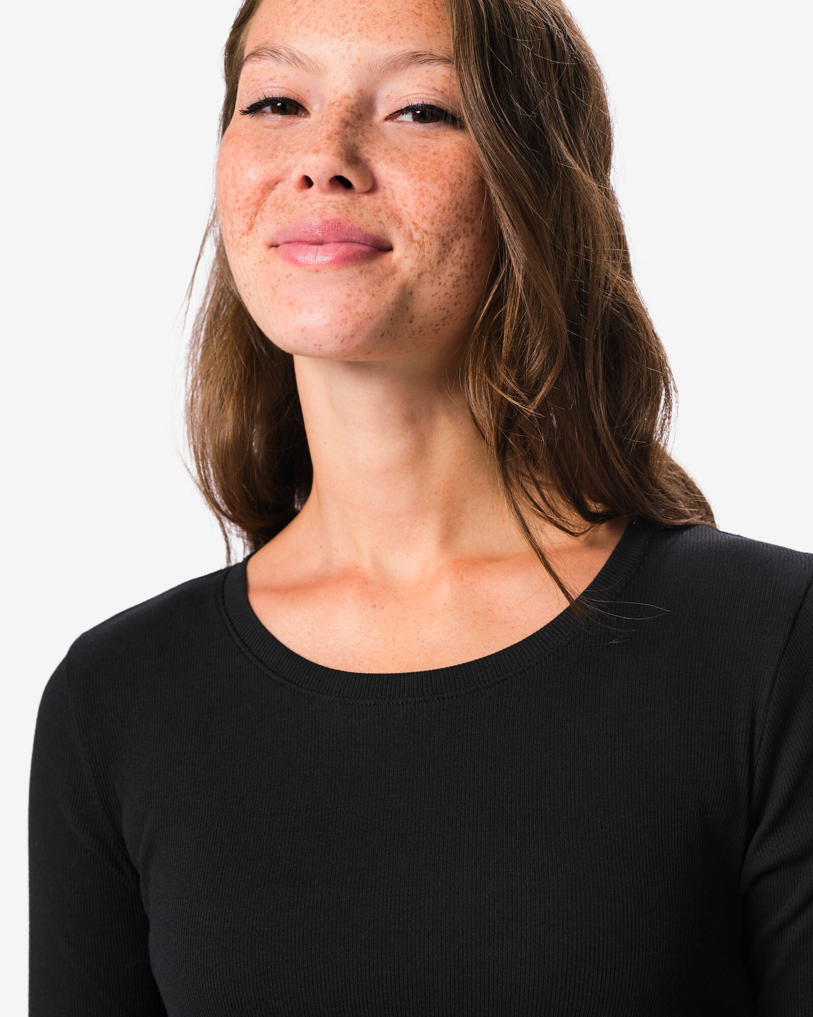 dames T-shirt Clara rib katoen zwart zwart - 36307760BLACK - HEMA