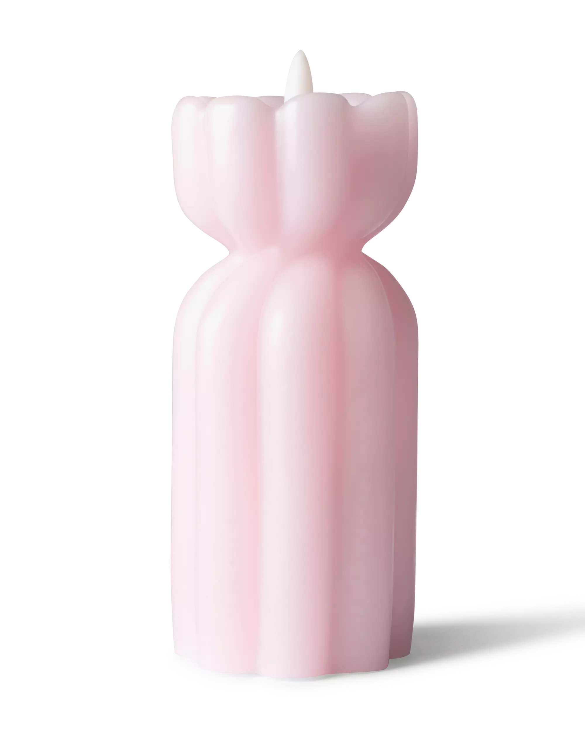 bougie LED en forme de diabolo ⌀6,5 x 15,4 cm nervurée rose pâle