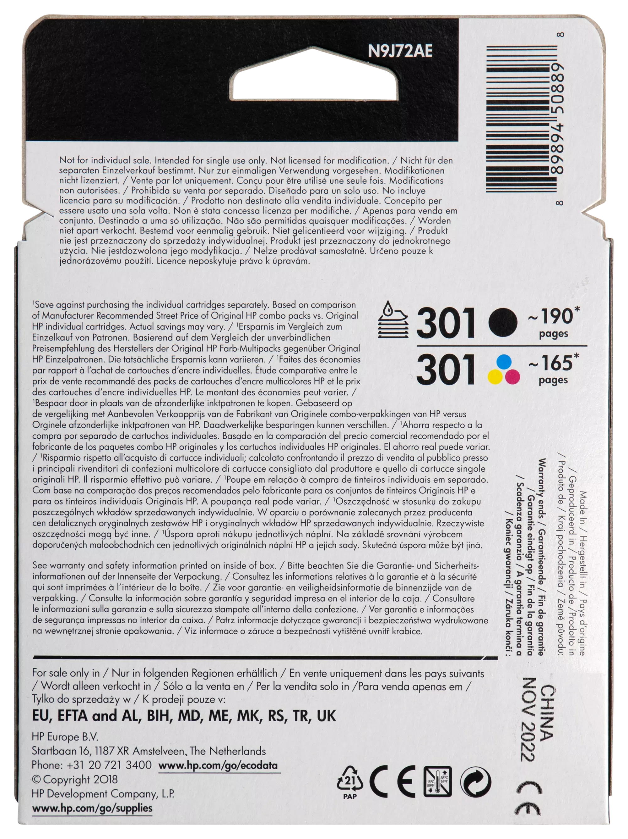 2 cartouches HP 301 noir/couleur