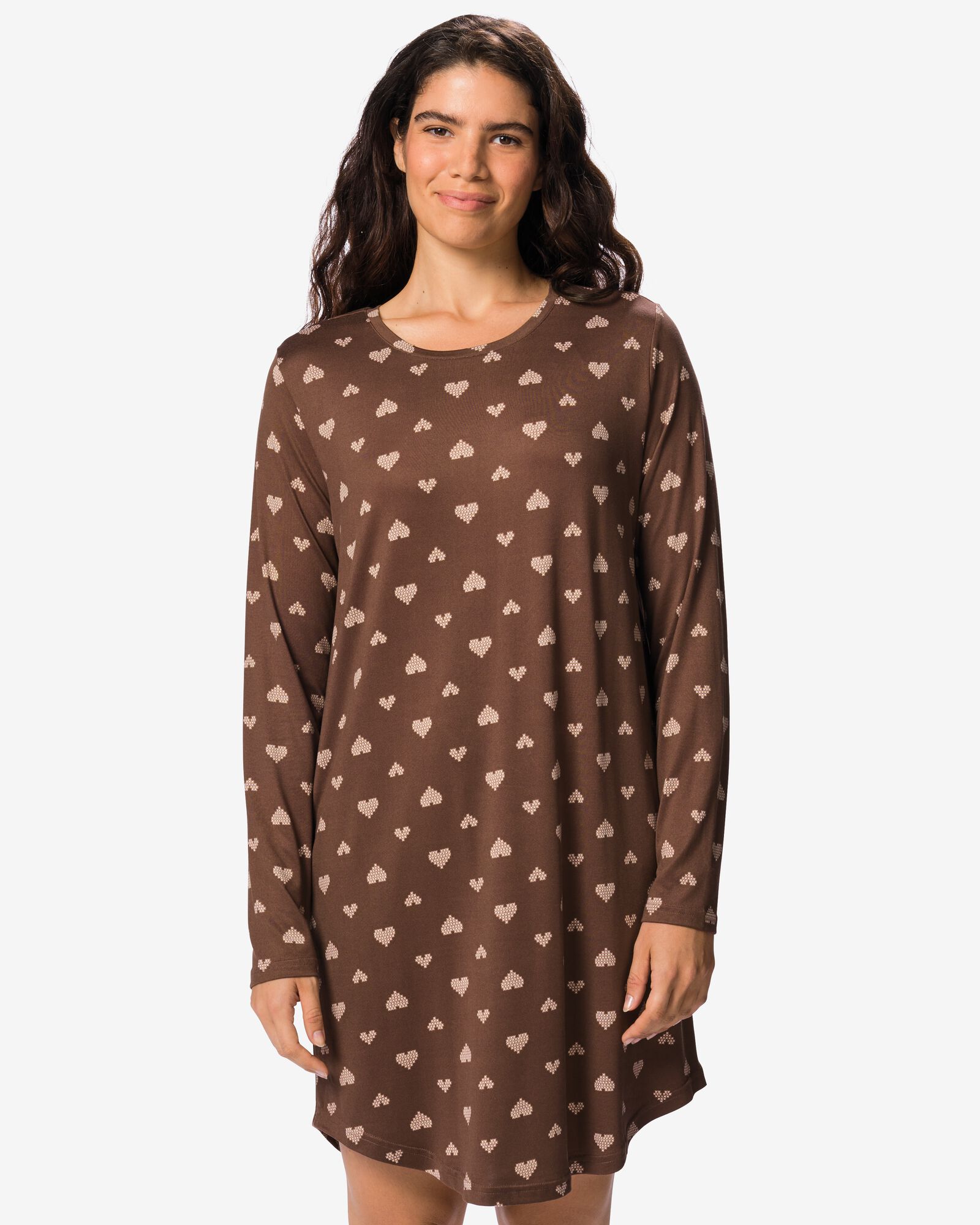 chemise de nuit femme tissu bross&eacute; micro c&oelig;urs marron marron - 23401814BROWN - HEMA