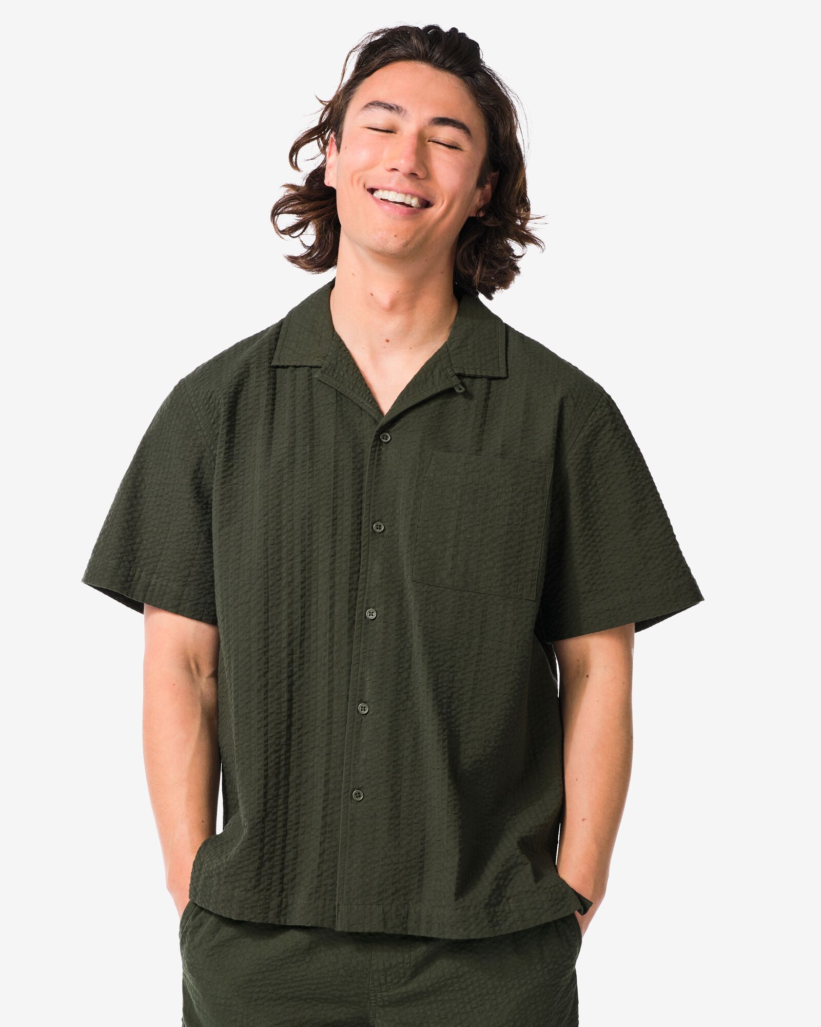 herenoverhemd Sep seersucker donkergroen donkergroen - 2132320DARKGREEN - HEMA