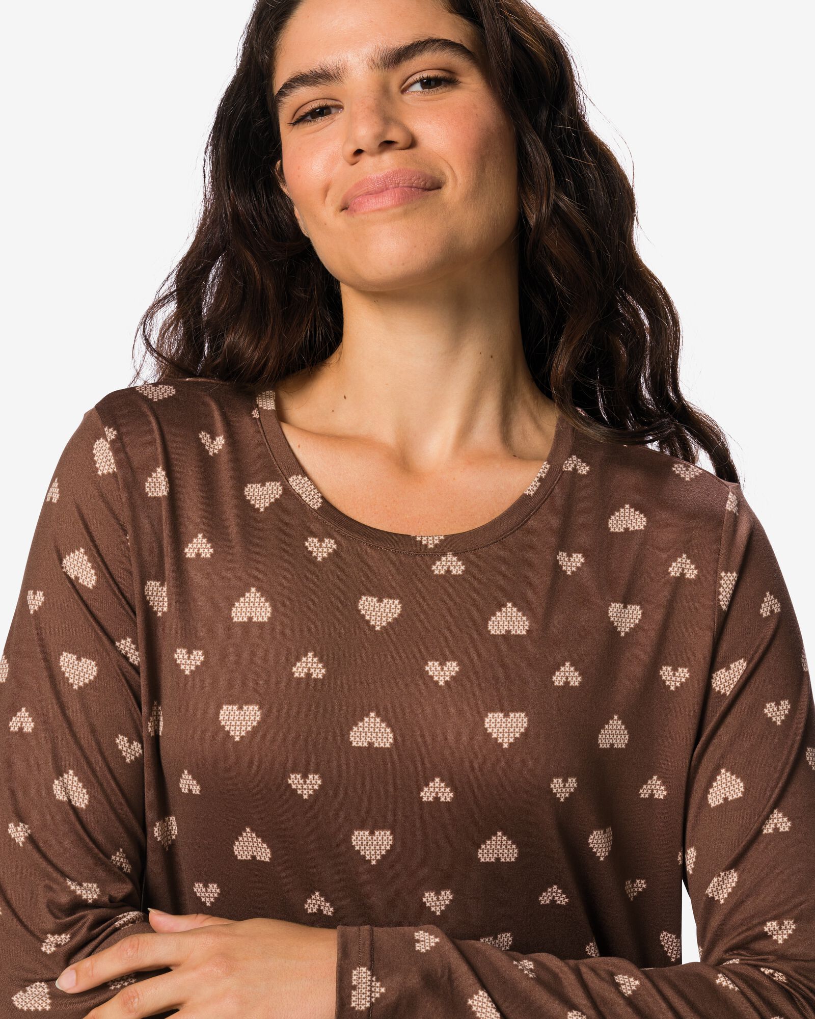 chemise de nuit femme tissu bross&eacute; micro c&oelig;urs marron marron - 23401814BROWN - HEMA