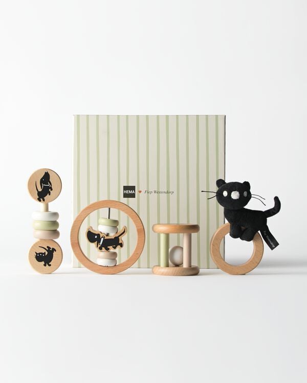 coffret cadeau Takkie et Siepie hochets 24x24x7,5 cm bois - 15300216 - HEMA