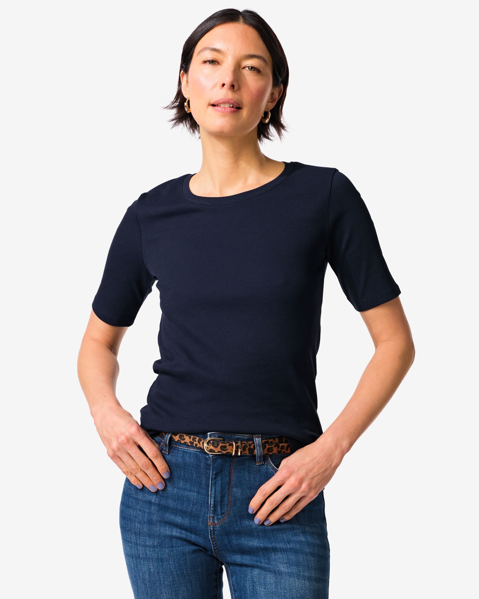 Damen-T-Shirt, normale Passform, gerippt dunkelblau dunkelblau - 36310720DARKBLUE - HEMA