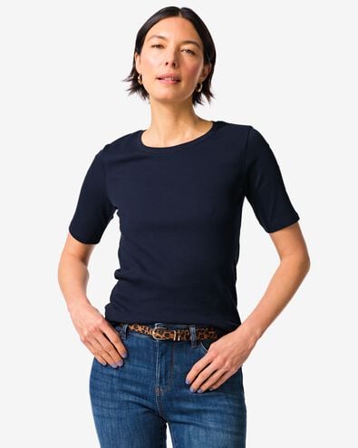 Damen-T-Shirt, normale Passform, gerippt dunkelblau dunkelblau - 36310720DARKBLUE - HEMA