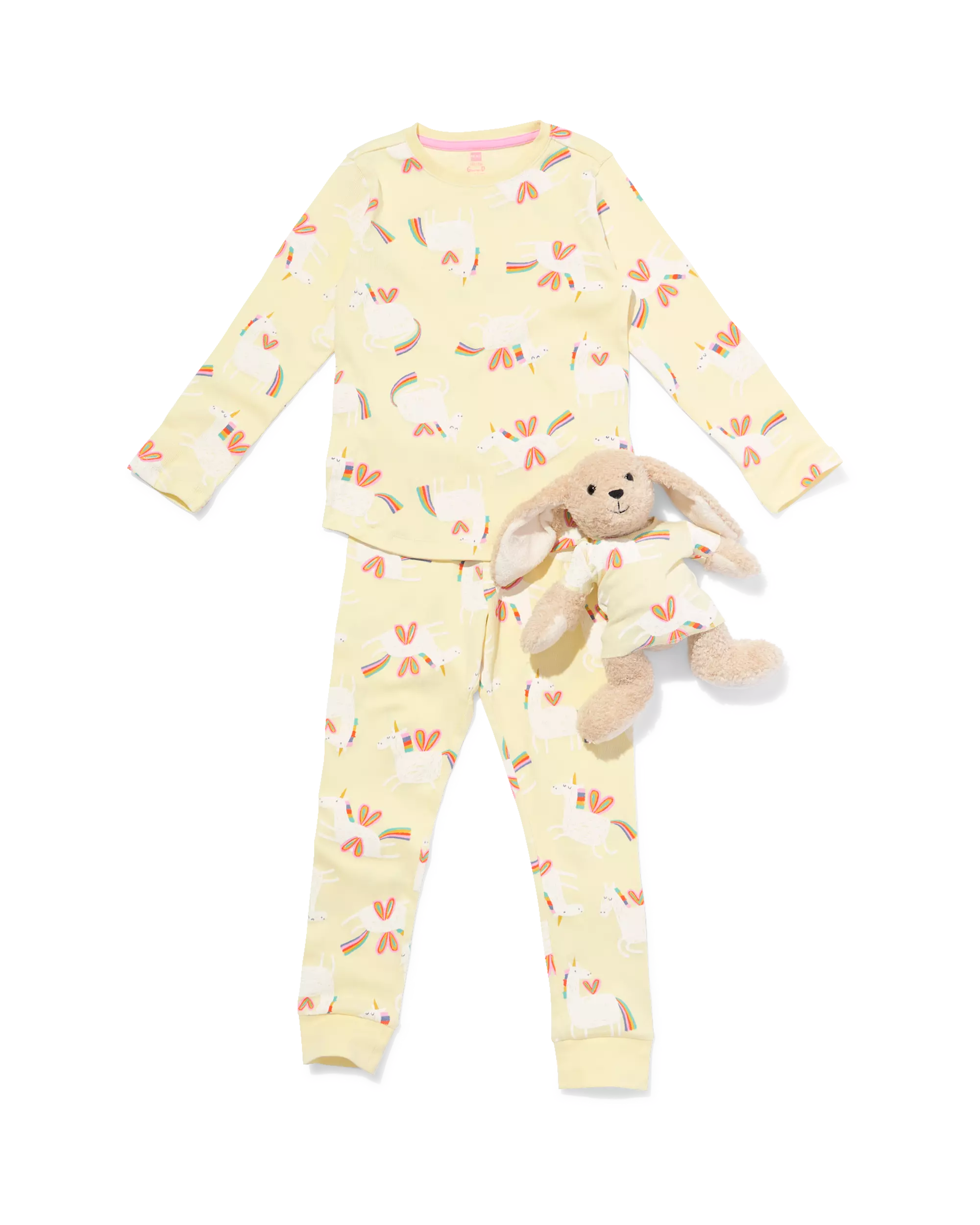 Kinder-Pyjama aus Rippstoff mit Einhorn, mit Puppen-Pyjama