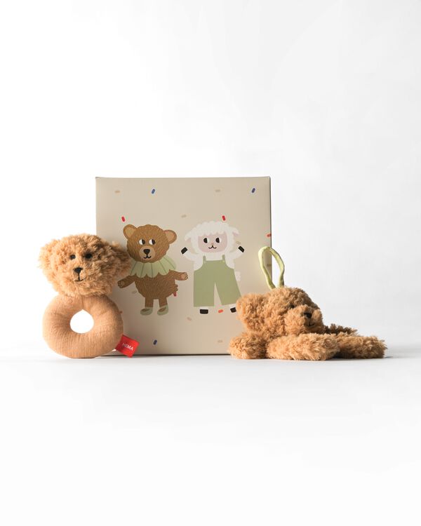 Coffret cadeau avec hochet et doudou, 15x15x7 cm  - 15300165 - HEMA