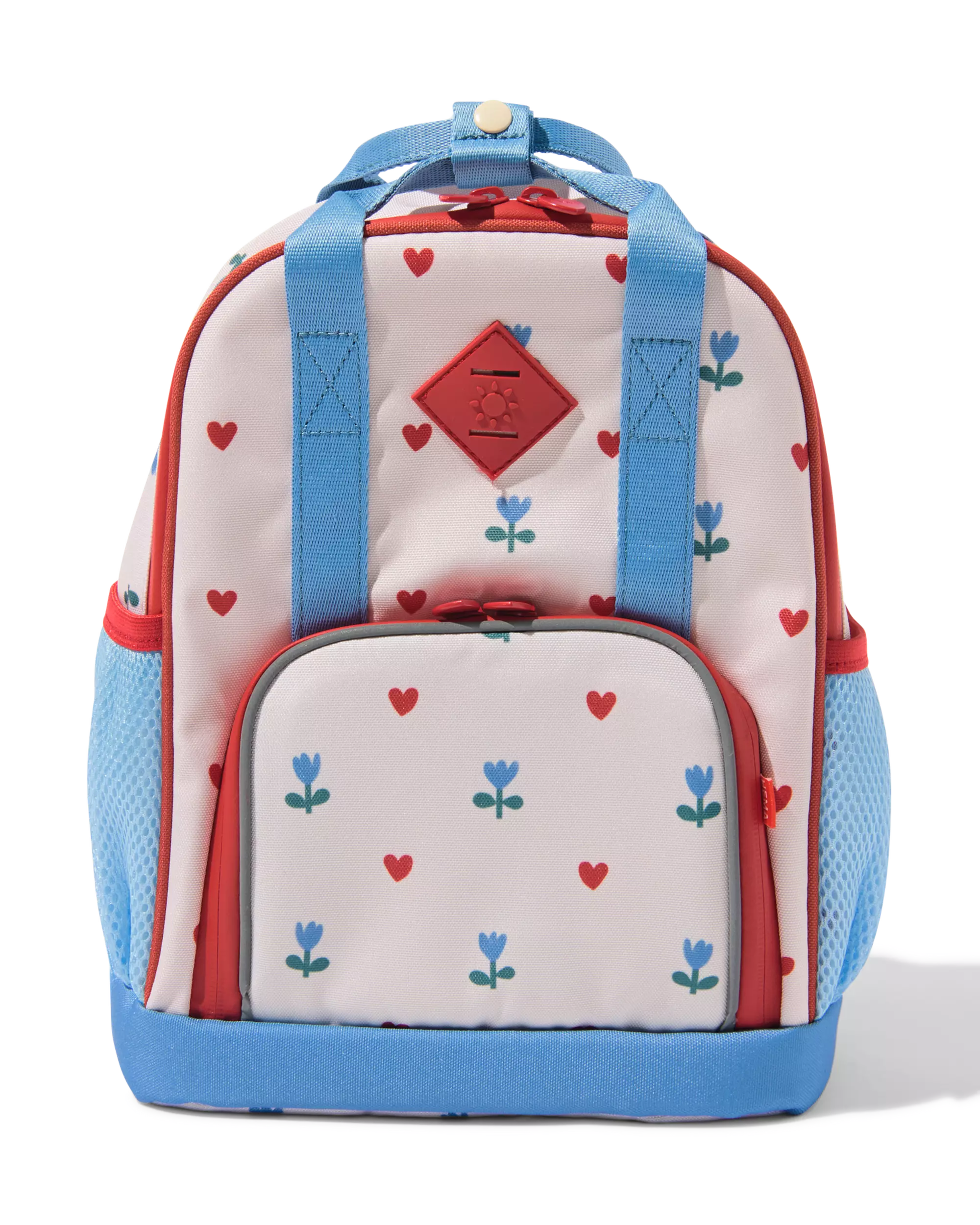 babyregenrugzak met hartjes en bloemen