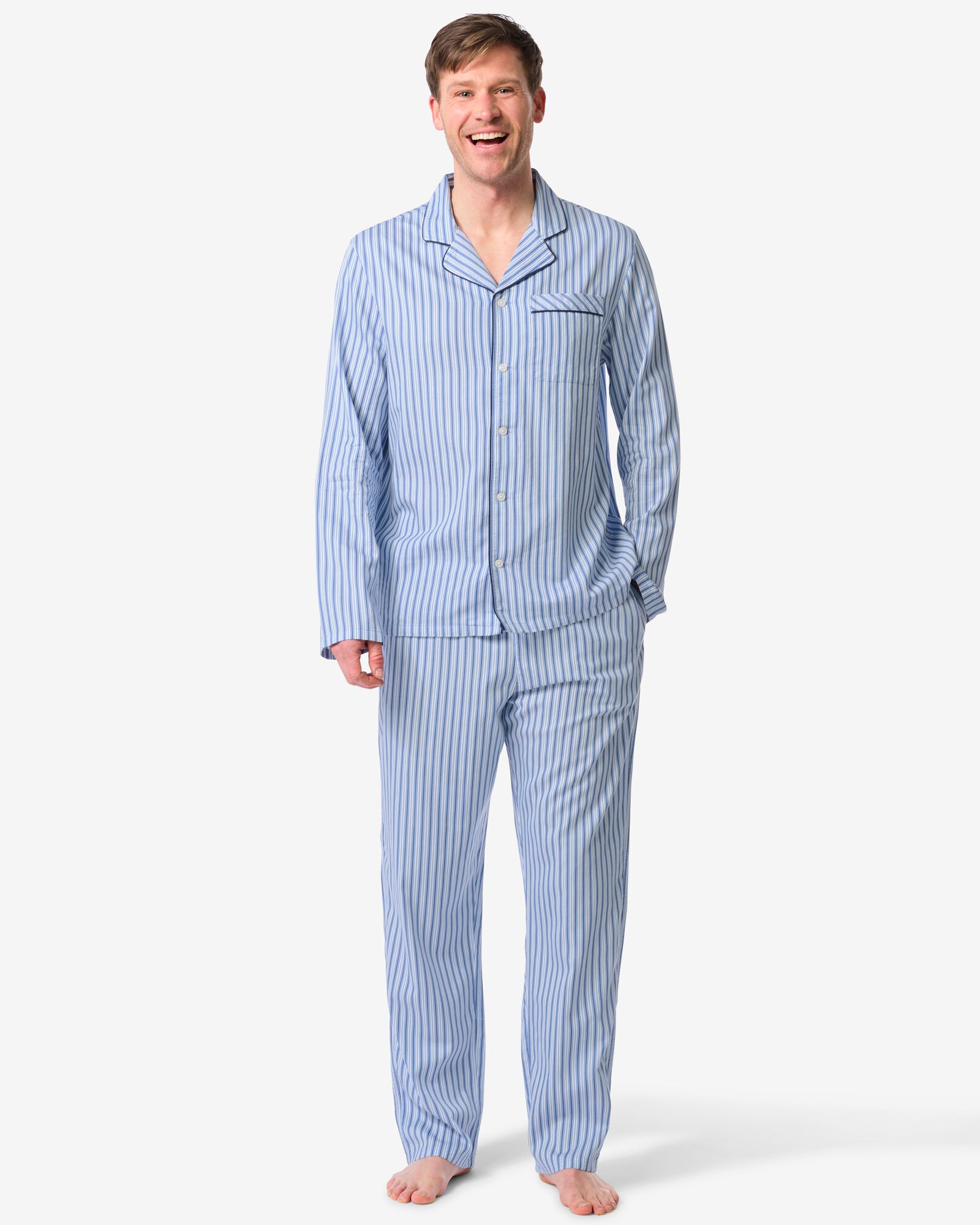 Herren-Pyjama Palle, Popeline, gestreift mittelblau - 23686210MIDBLUE - HEMA