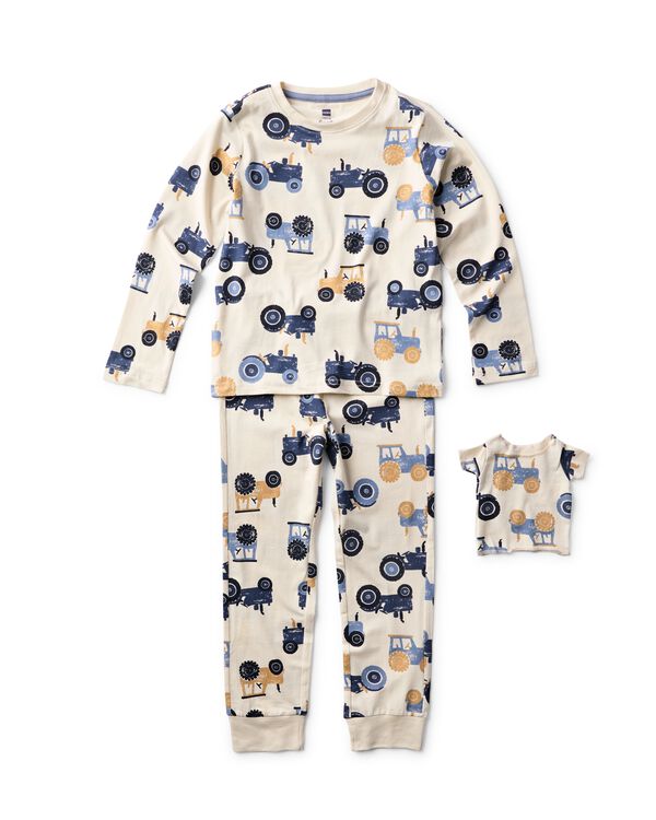 kinderpyjama tractors met poppenpyjama gebroken wit gebroken wit - 23004220OFFWHITE - HEMA