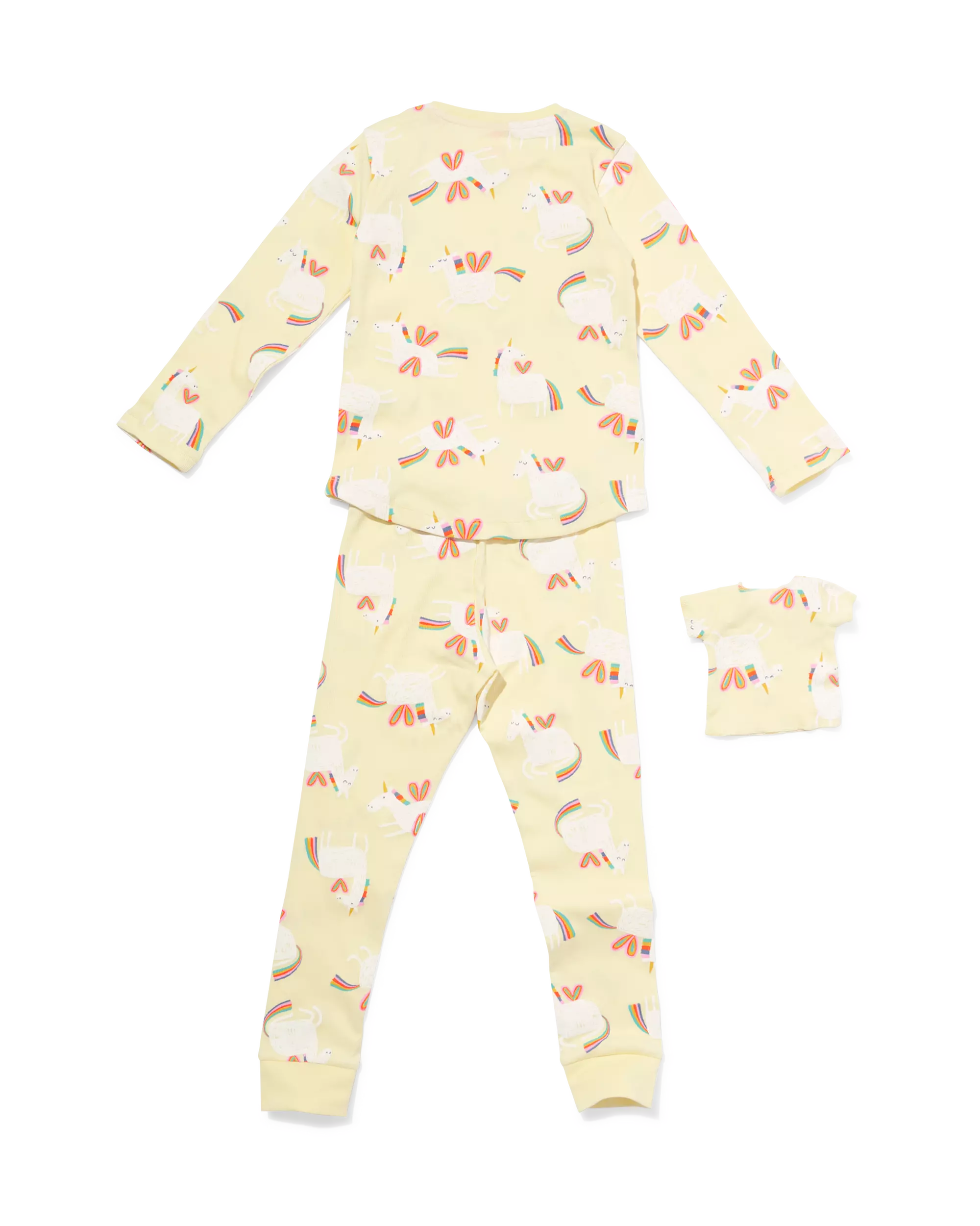 Kinder-Pyjama aus Rippstoff mit Einhorn, mit Puppen-Pyjama