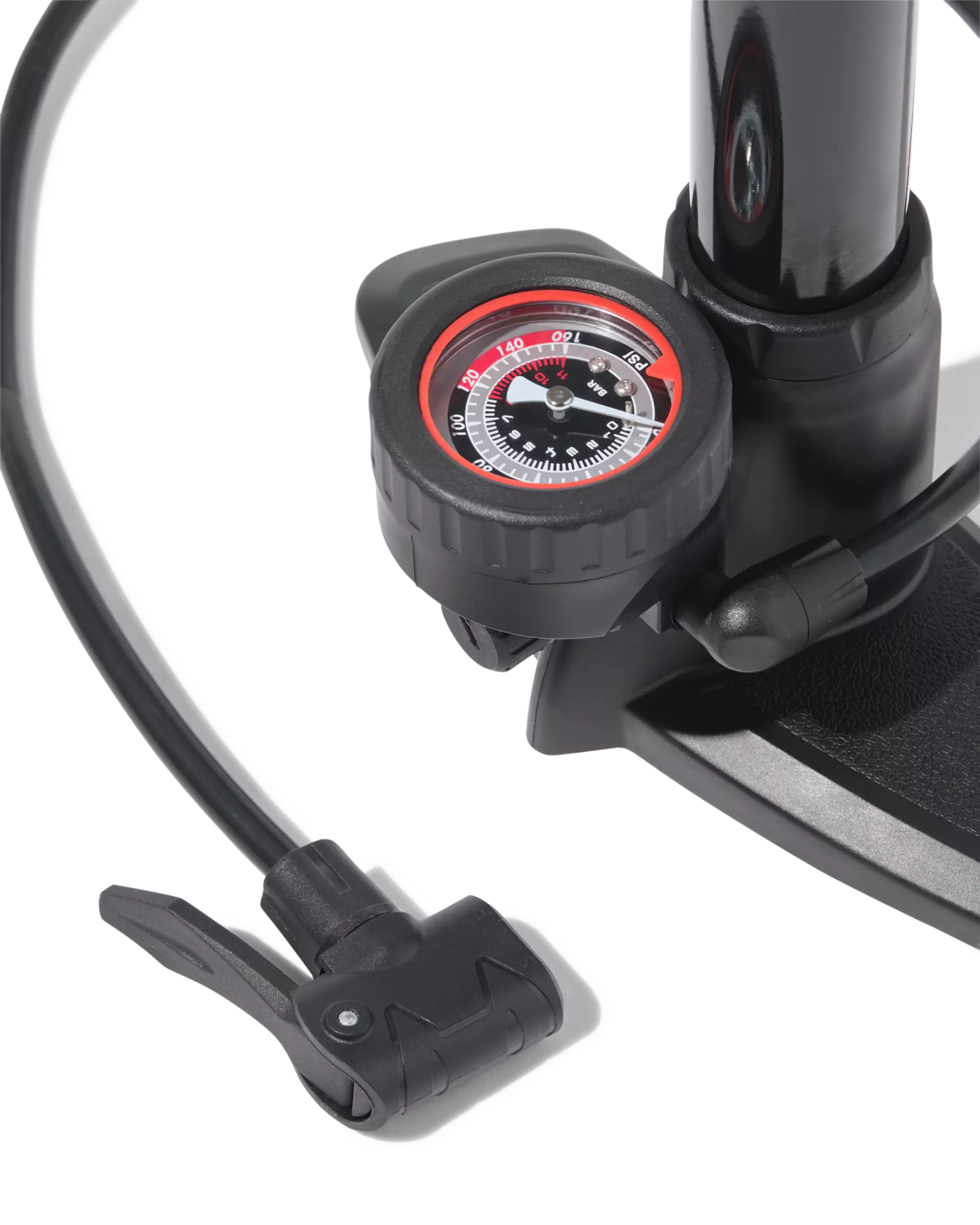 Fahrradpumpe, stehend, mit doppelter Ventilklemme und Manometer