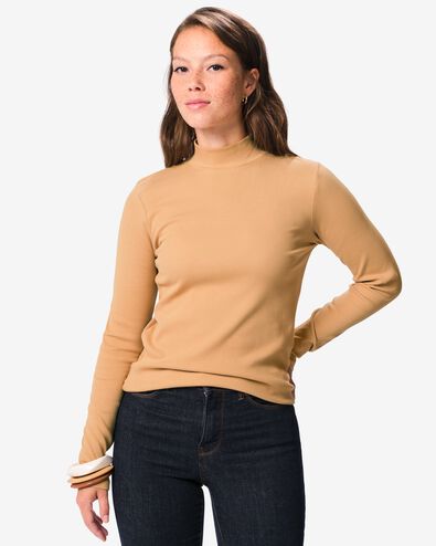 dames T-shirt Clara regular fit rib beige beige - 36306380BEIGE - HEMA