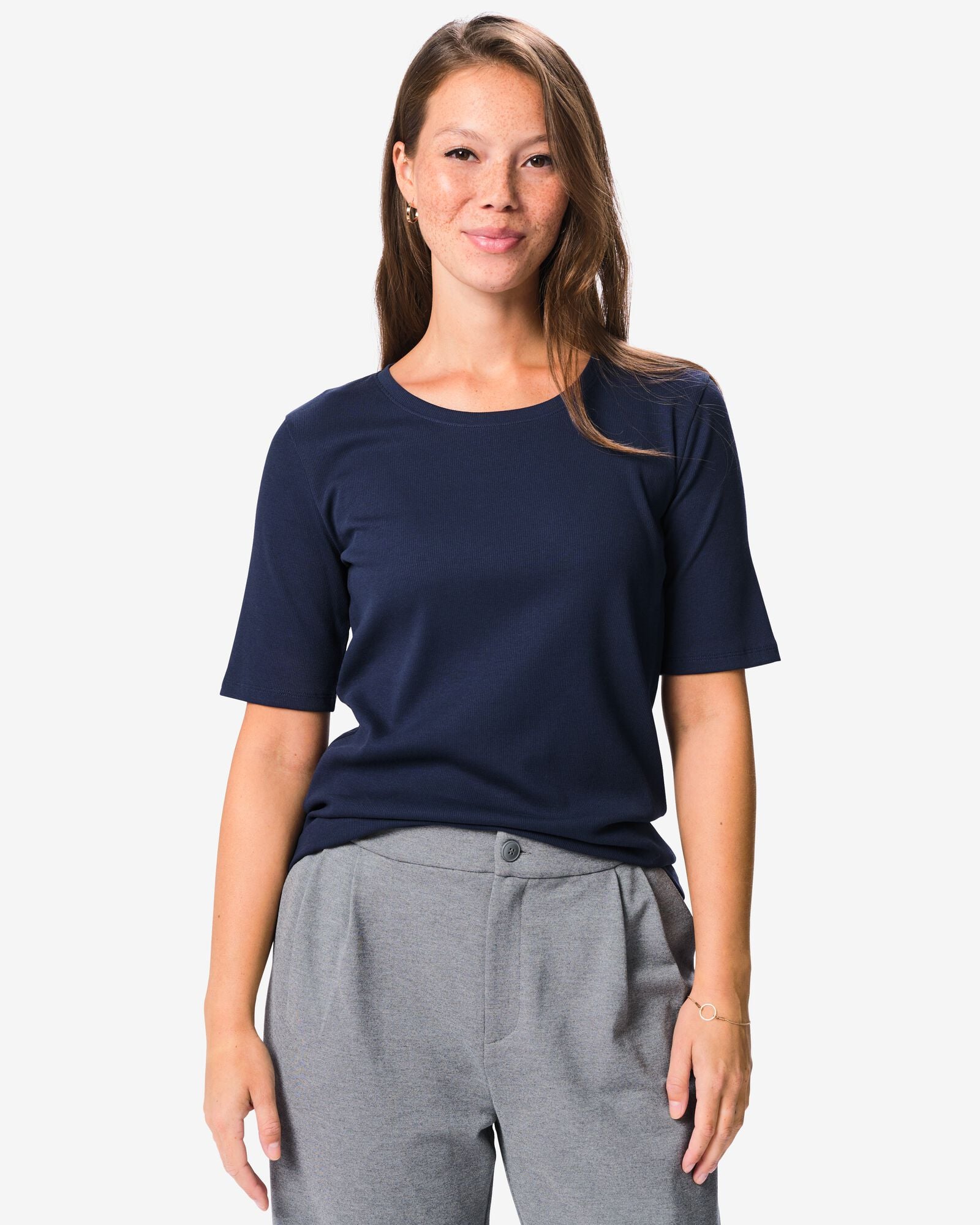 Damen-T-Shirt, gerippt, Baumwolle dunkelblau dunkelblau - 36307750DARKBLUE - HEMA