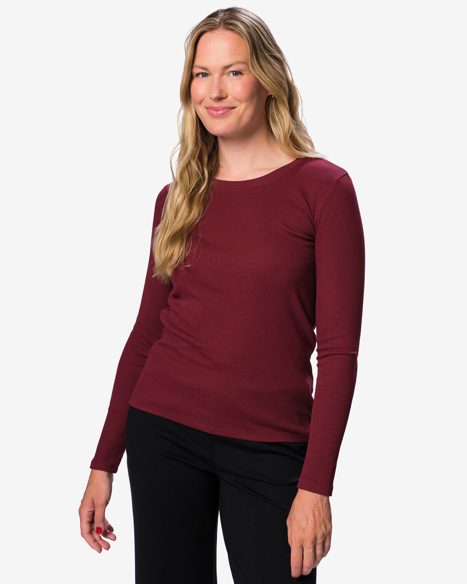 dames T-shirt Clara rib katoen bordeauxrood bordeauxrood - 36306190BURGUNDYRED - HEMA