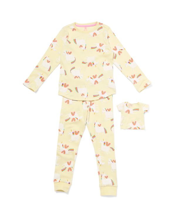kinderpyjama rib eenhoorn met  poppenpyjama geel geel - 23002120YELLOW - HEMA