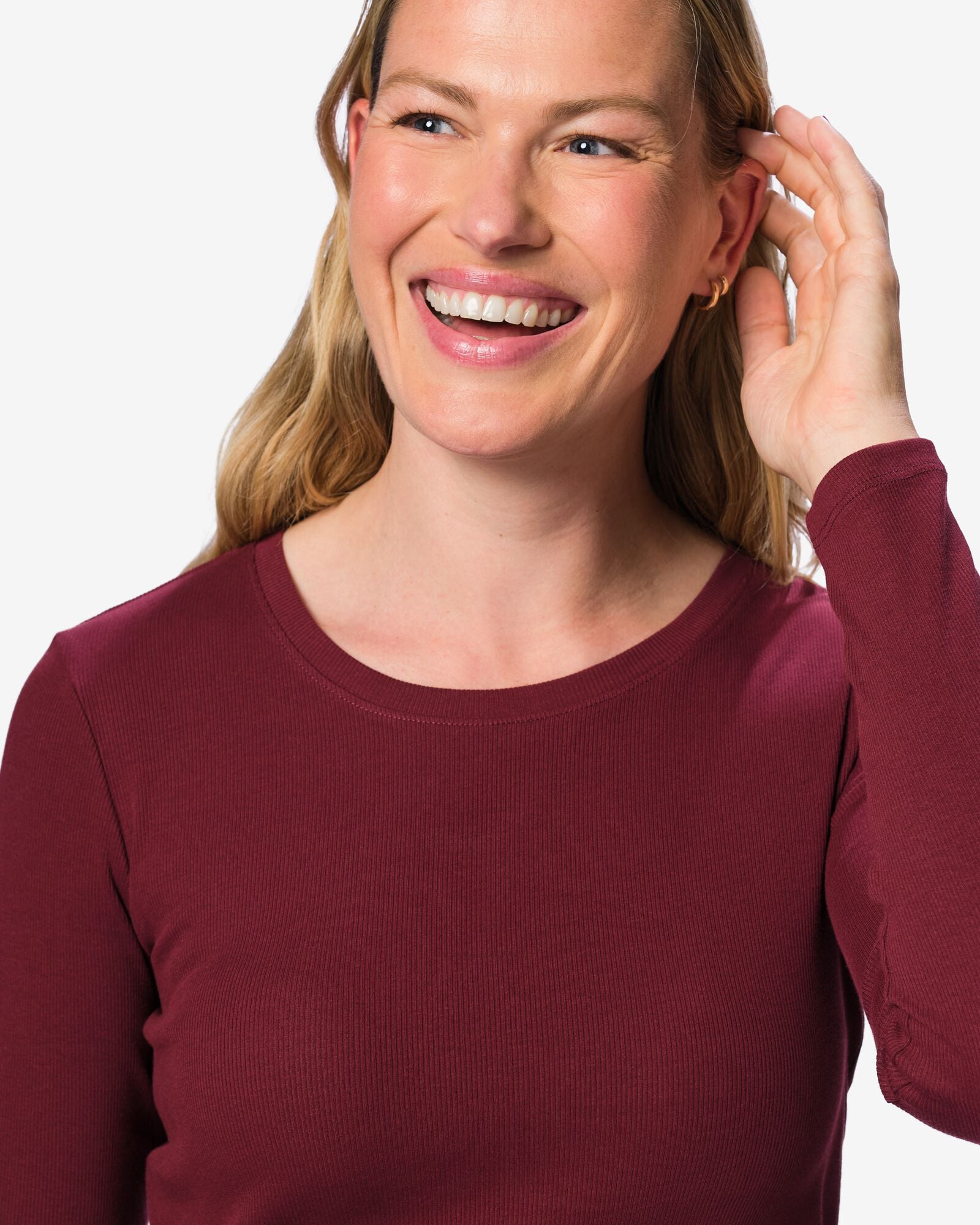 dames T-shirt Clara rib katoen bordeauxrood bordeauxrood - 36306190BURGUNDYRED - HEMA