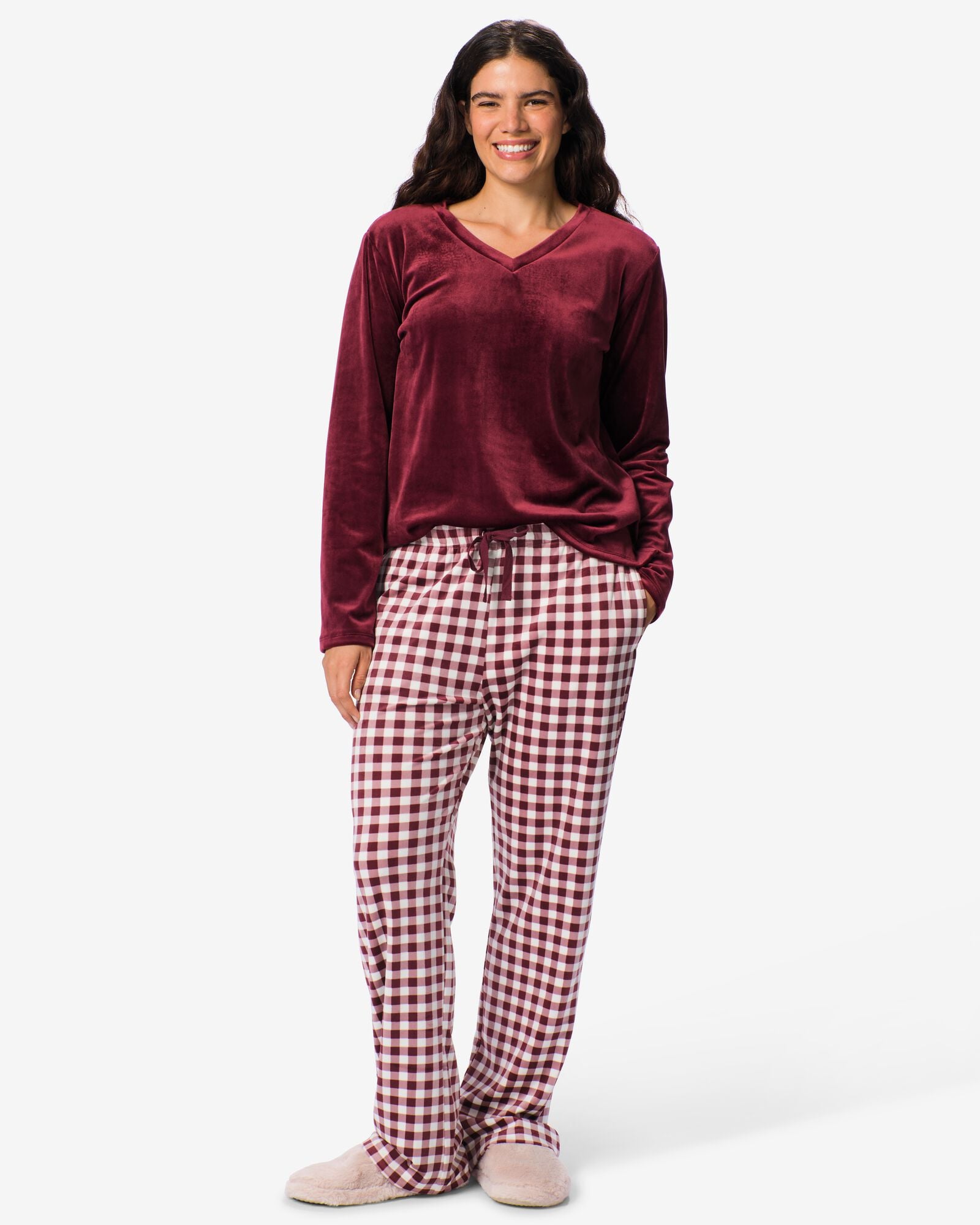 pantalon de pyjama femme velours carreaux rouge fonc&eacute; rouge fonc&eacute; - 23401714DARKRED - HEMA