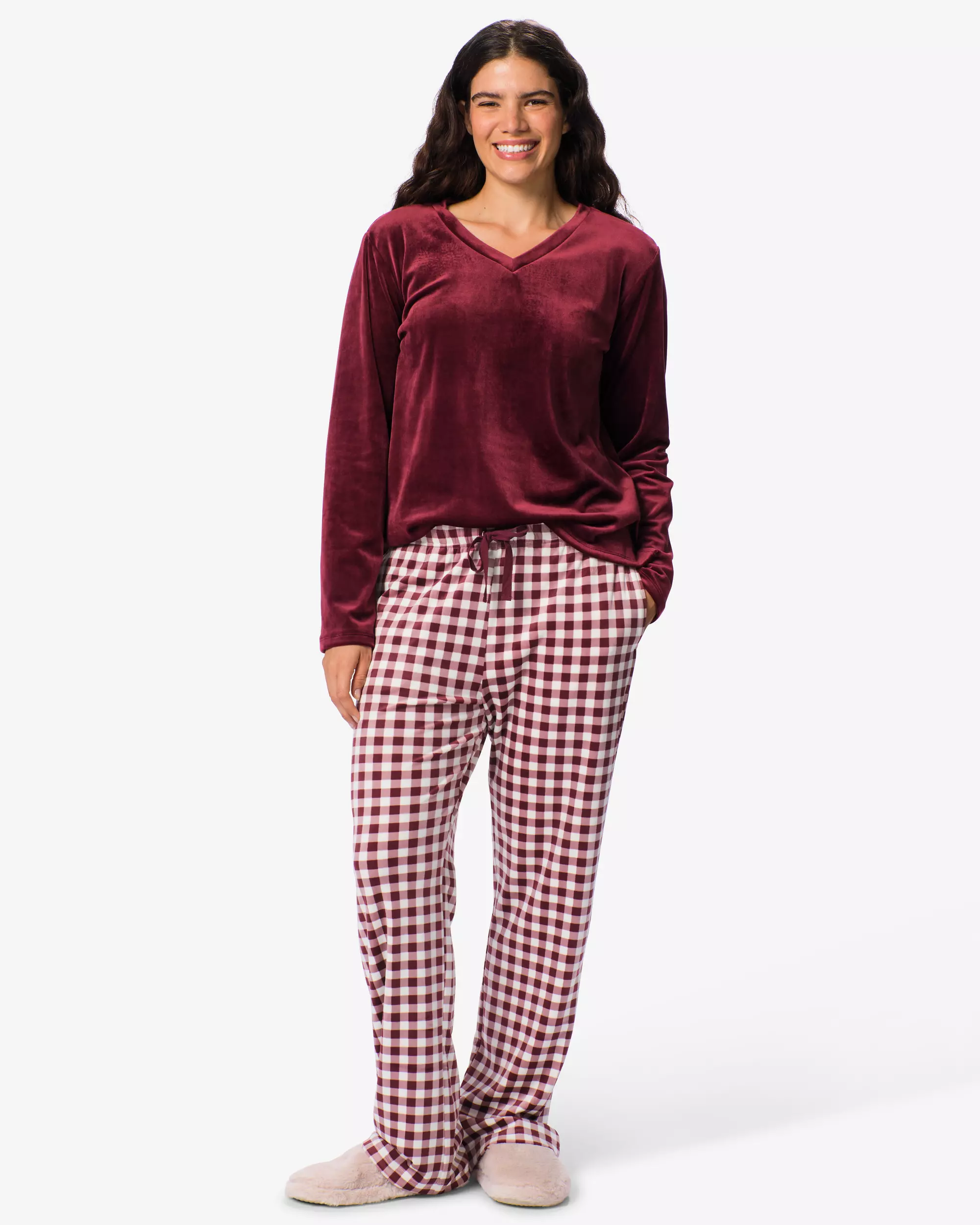 Damen-Pyjamahose, Velours, kariert